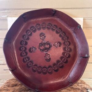 Hand Crafted Burgundy Red Tooled Leather Wall Bowl